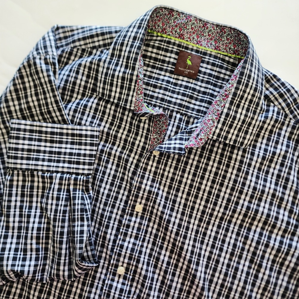 Tailorbyrd 3XL Mens Black White Plaid Long‎ Sleeve Button Down Shirt flip cuffs